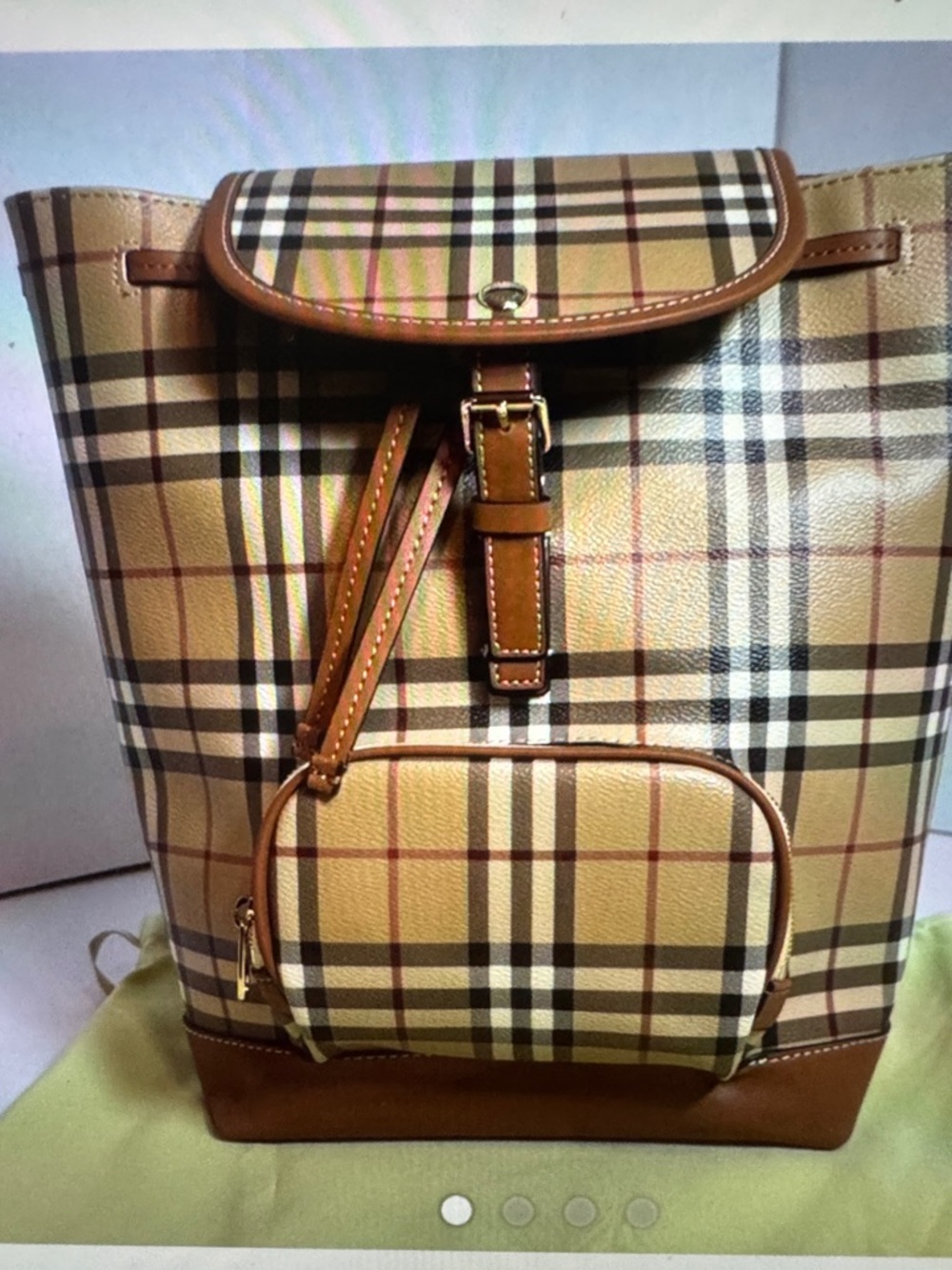 Vintage Style Tan Backpack Plaid Canvas Backpack with Tan Leather Trim
